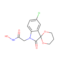 O=C(CN1C(=O)C2(OCCCO2)c2cc(Cl)ccc21)NO ZINC000096258368