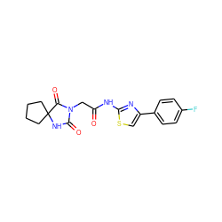 O=C(CN1C(=O)NC2(CCCC2)C1=O)Nc1nc(-c2ccc(F)cc2)cs1 ZINC000002632869