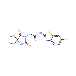 O=C(CN1C(=O)NC2(CCCC2)C1=O)Nc1nc2ccc(F)cc2s1 ZINC000014093257