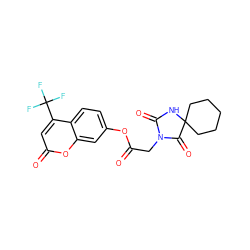 O=C(CN1C(=O)NC2(CCCCC2)C1=O)Oc1ccc2c(C(F)(F)F)cc(=O)oc2c1 ZINC000008734664