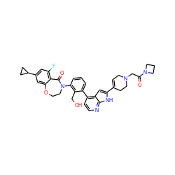 O=C(CN1CC=C(c2cc3c(-c4cccc(N5CCOc6cc(C7CC7)cc(F)c6C5=O)c4CO)ccnc3[nH]2)CC1)N1CCC1 ZINC001772588685