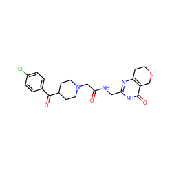 O=C(CN1CCC(C(=O)c2ccc(Cl)cc2)CC1)NCc1nc2c(c(=O)[nH]1)COCC2 ZINC000208829311