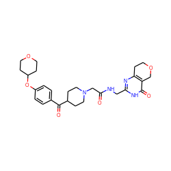 O=C(CN1CCC(C(=O)c2ccc(OC3CCOCC3)cc2)CC1)NCc1nc2c(c(=O)[nH]1)COCC2 ZINC000208802573