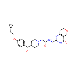 O=C(CN1CCC(C(=O)c2ccc(OCCC3CC3)cc2)CC1)NCc1nc2c(c(=O)[nH]1)COCC2 ZINC000208774211