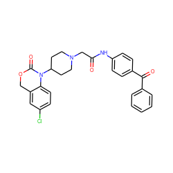 O=C(CN1CCC(N2C(=O)OCc3cc(Cl)ccc32)CC1)Nc1ccc(C(=O)c2ccccc2)cc1 ZINC000013612757