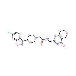 O=C(CN1CCC(c2noc3cc(F)ccc23)CC1)NCc1nc2c(c(=O)[nH]1)COCC2 ZINC000208819935