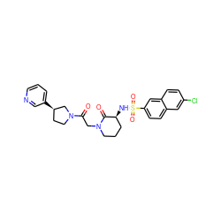 O=C(CN1CCC[C@H](NS(=O)(=O)c2ccc3cc(Cl)ccc3c2)C1=O)N1CC[C@@H](c2cccnc2)C1 ZINC000073161033