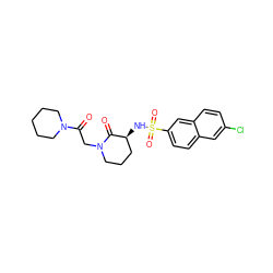 O=C(CN1CCC[C@H](NS(=O)(=O)c2ccc3cc(Cl)ccc3c2)C1=O)N1CCCCC1 ZINC000073161044