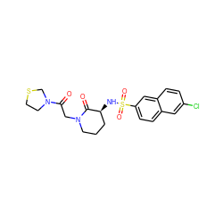 O=C(CN1CCC[C@H](NS(=O)(=O)c2ccc3cc(Cl)ccc3c2)C1=O)N1CCSC1 ZINC000036412857