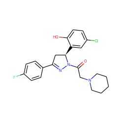 O=C(CN1CCCCC1)N1N=C(c2ccc(F)cc2)C[C@H]1c1cc(Cl)ccc1O ZINC000299856833