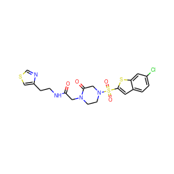 O=C(CN1CCN(S(=O)(=O)c2cc3ccc(Cl)cc3s2)CC1=O)NCCc1cscn1 ZINC000029414344