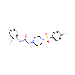 O=C(CN1CCN(S(=O)(=O)c2ccc(F)cc2)CC1)Nc1ccccc1F ZINC000035889313