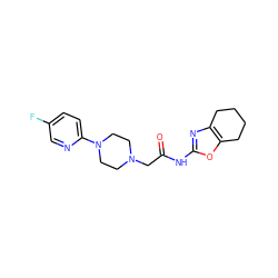 O=C(CN1CCN(c2ccc(F)cn2)CC1)Nc1nc2c(o1)CCCC2 ZINC000096258502