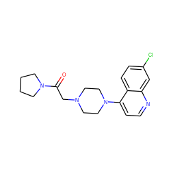 O=C(CN1CCN(c2ccnc3cc(Cl)ccc23)CC1)N1CCCC1 ZINC000057028318