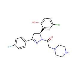 O=C(CN1CCNCC1)N1N=C(c2ccc(F)cc2)C[C@H]1c1cc(Cl)ccc1O ZINC000299863668