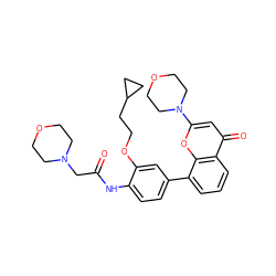 O=C(CN1CCOCC1)Nc1ccc(-c2cccc3c(=O)cc(N4CCOCC4)oc23)cc1OCCC1CC1 ZINC000101394120