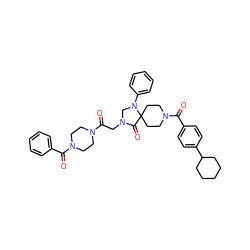 O=C(CN1CN(c2ccccc2)C2(CCN(C(=O)c3ccc(C4CCCCC4)cc3)CC2)C1=O)N1CCN(C(=O)c2ccccc2)CC1 ZINC000072115370