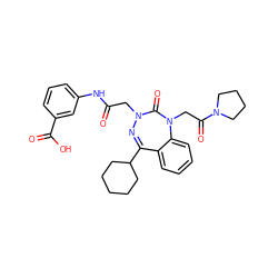 O=C(CN1N=C(C2CCCCC2)c2ccccc2N(CC(=O)N2CCCC2)C1=O)Nc1cccc(C(=O)O)c1 ZINC000028655791