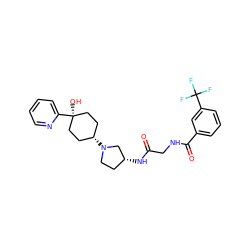 O=C(CNC(=O)c1cccc(C(F)(F)F)c1)N[C@@H]1CCN([C@H]2CC[C@](O)(c3ccccn3)CC2)C1 ZINC000102951755