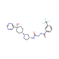 O=C(CNC(=O)c1cccc(C(F)(F)F)c1)N[C@@H]1CCN([C@H]2CC[C@](O)(c3cncnc3)CC2)C1 ZINC000102942446