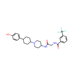 O=C(CNC(=O)c1cccc(C(F)(F)F)c1)NC1CCN(C2CCC(c3ccc(O)cc3)CC2)CC1 ZINC000299825083