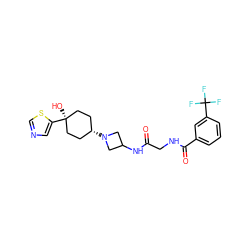 O=C(CNC(=O)c1cccc(C(F)(F)F)c1)NC1CN([C@H]2CC[C@](O)(c3cncs3)CC2)C1 ZINC000141611914