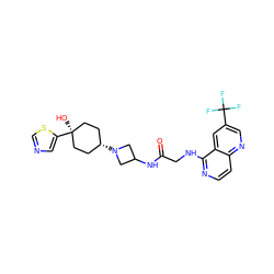 O=C(CNc1nccc2ncc(C(F)(F)F)cc12)NC1CN([C@H]2CC[C@](O)(c3cncs3)CC2)C1 ZINC000149125054