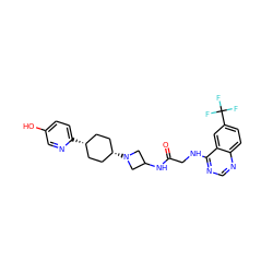 O=C(CNc1ncnc2ccc(C(F)(F)F)cc12)NC1CN([C@H]2CC[C@@H](c3ccc(O)cn3)CC2)C1 ZINC000261104085