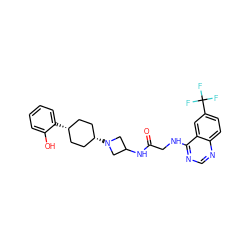 O=C(CNc1ncnc2ccc(C(F)(F)F)cc12)NC1CN([C@H]2CC[C@@H](c3ccccc3O)CC2)C1 ZINC000261192695