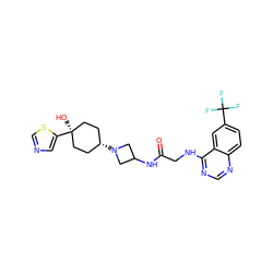 O=C(CNc1ncnc2ccc(C(F)(F)F)cc12)NC1CN([C@H]2CC[C@](O)(c3cncs3)CC2)C1 ZINC000149111129