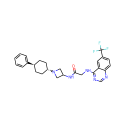 O=C(CNc1ncnc2ccc(C(F)(F)F)cc12)NC1CN([C@H]2CC[C@H](c3ccccc3)CC2)C1 ZINC000149206776