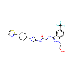 O=C(CNc1nn(CCO)c2ccc(C(F)(F)F)cc12)NC1CN([C@H]2CC[C@@H](c3nccs3)CC2)C1 ZINC000261176621