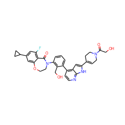 O=C(CO)N1CC=C(c2cc3c(-c4cccc(N5CCOc6cc(C7CC7)cc(F)c6C5=O)c4CO)ccnc3[nH]2)CC1 ZINC001772656108