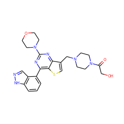 O=C(CO)N1CCN(Cc2csc3c(-c4cccc5[nH]ncc45)nc(N4CCOCC4)nc23)CC1 ZINC000205717269