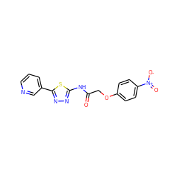 O=C(COc1ccc([N+](=O)[O-])cc1)Nc1nnc(-c2cccnc2)s1 ZINC000003189658