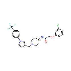 O=C(COc1cccc(Cl)c1)NC1CCN(Cc2ccn(-c3ccc(C(F)(F)F)cc3)c2)CC1 ZINC000034637927