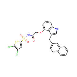 O=C(COc1cccc2[nH]cc(Cc3ccc4ccccc4c3)c12)NS(=O)(=O)c1cc(Cl)c(Cl)s1 ZINC000044406161