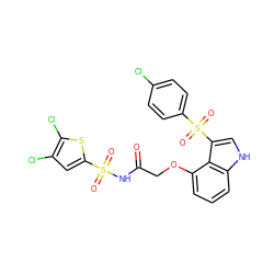 O=C(COc1cccc2[nH]cc(S(=O)(=O)c3ccc(Cl)cc3)c12)NS(=O)(=O)c1cc(Cl)c(Cl)s1 ZINC000044404431