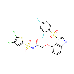 O=C(COc1cccc2[nH]cc(S(=O)(=O)c3ccc(F)cc3F)c12)NS(=O)(=O)c1cc(Cl)c(Cl)s1 ZINC000044388480