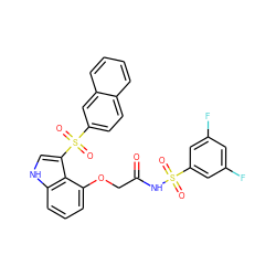 O=C(COc1cccc2[nH]cc(S(=O)(=O)c3ccc4ccccc4c3)c12)NS(=O)(=O)c1cc(F)cc(F)c1 ZINC000049867749