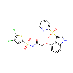 O=C(COc1cccc2[nH]cc(S(=O)(=O)c3ccccn3)c12)NS(=O)(=O)c1cc(Cl)c(Cl)s1 ZINC000049867669