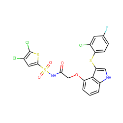 O=C(COc1cccc2[nH]cc(Sc3ccc(F)cc3Cl)c12)NS(=O)(=O)c1cc(Cl)c(Cl)s1 ZINC000044431800