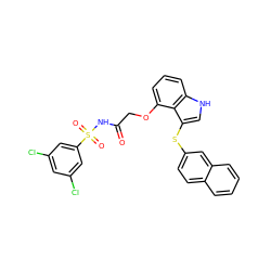 O=C(COc1cccc2[nH]cc(Sc3ccc4ccccc4c3)c12)NS(=O)(=O)c1cc(Cl)cc(Cl)c1 ZINC000049867623