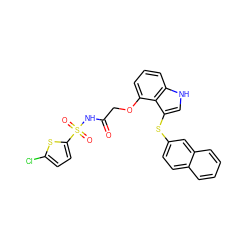 O=C(COc1cccc2[nH]cc(Sc3ccc4ccccc4c3)c12)NS(=O)(=O)c1ccc(Cl)s1 ZINC000042876907