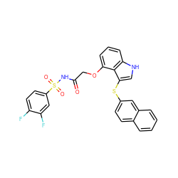 O=C(COc1cccc2[nH]cc(Sc3ccc4ccccc4c3)c12)NS(=O)(=O)c1ccc(F)c(F)c1 ZINC000044405086