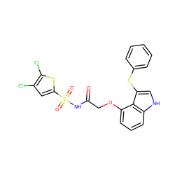 O=C(COc1cccc2[nH]cc(Sc3ccccc3)c12)NS(=O)(=O)c1cc(Cl)c(Cl)s1 ZINC000040874586