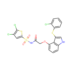 O=C(COc1cccc2[nH]cc(Sc3ccccc3Cl)c12)NS(=O)(=O)c1cc(Cl)c(Cl)s1 ZINC000044431803