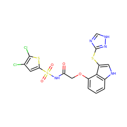 O=C(COc1cccc2[nH]cc(Sc3nc[nH]n3)c12)NS(=O)(=O)c1cc(Cl)c(Cl)s1 ZINC000040919071