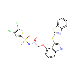 O=C(COc1cccc2[nH]cc(Sc3nc4ccccc4s3)c12)NS(=O)(=O)c1cc(Cl)c(Cl)s1 ZINC000042876067