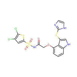 O=C(COc1cccc2[nH]cc(Sc3ncc[nH]3)c12)NS(=O)(=O)c1cc(Cl)c(Cl)s1 ZINC000040873985